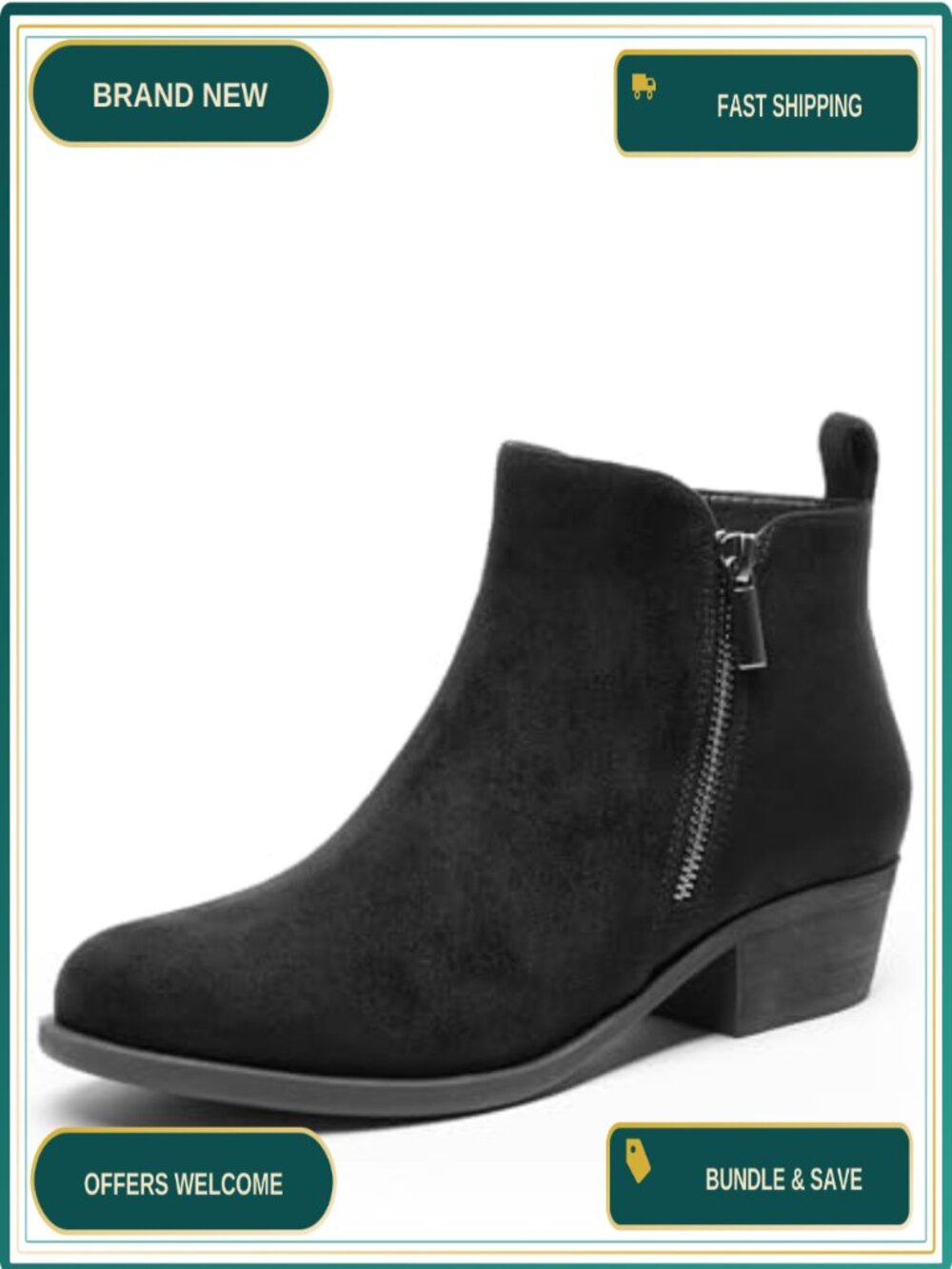Faux Suede Ankle Boots Low Chunky Heel Dual Zipper Comfort Booties